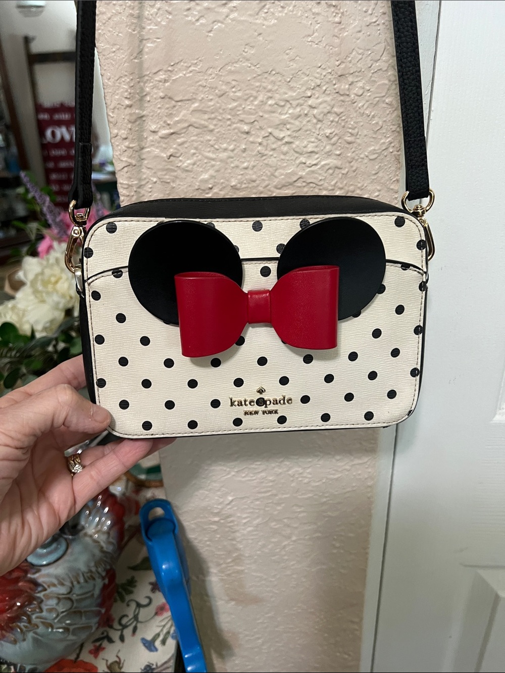 EUC  Kate Spade/ Disney White Polka Dot Crossbody with Black Ears & Red Bow